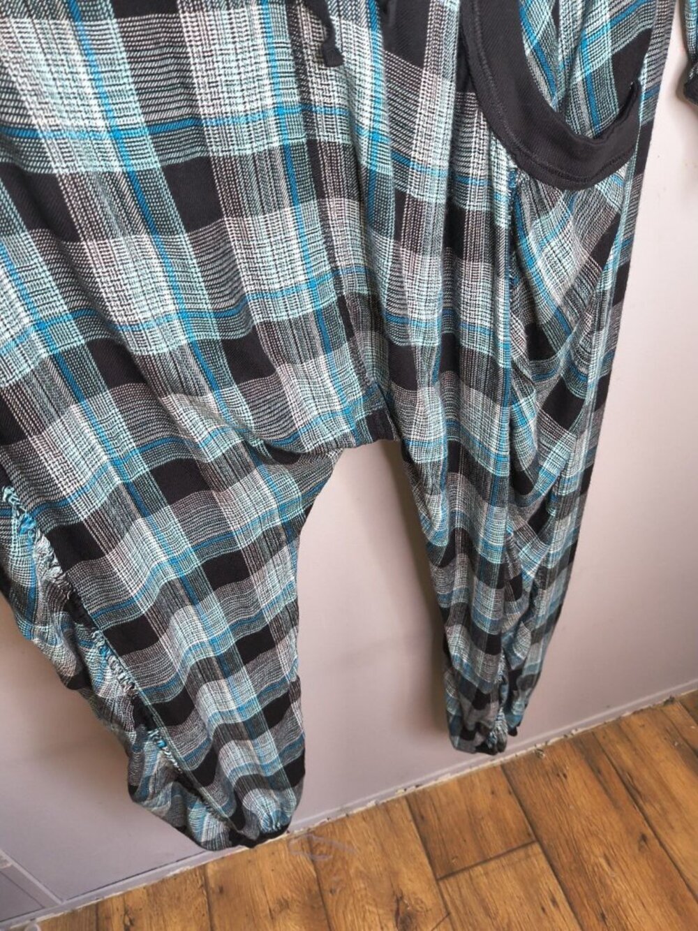 Falling For Flannel Free People Greenish Blue Checkered Romper Size M Oversized - Picture 8 of 15